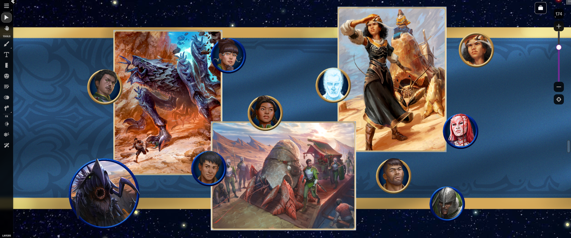 A selection of tokens and portraits from the Bridge Nine Art Pack, displayed on the Roll20 virtual tabletop.
