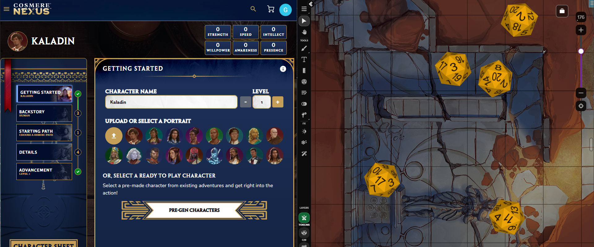 Cosmere Character Builder on Demiplane (left) alongside dice rolled on a map from the Bridge Nine Roll20 addon (right).