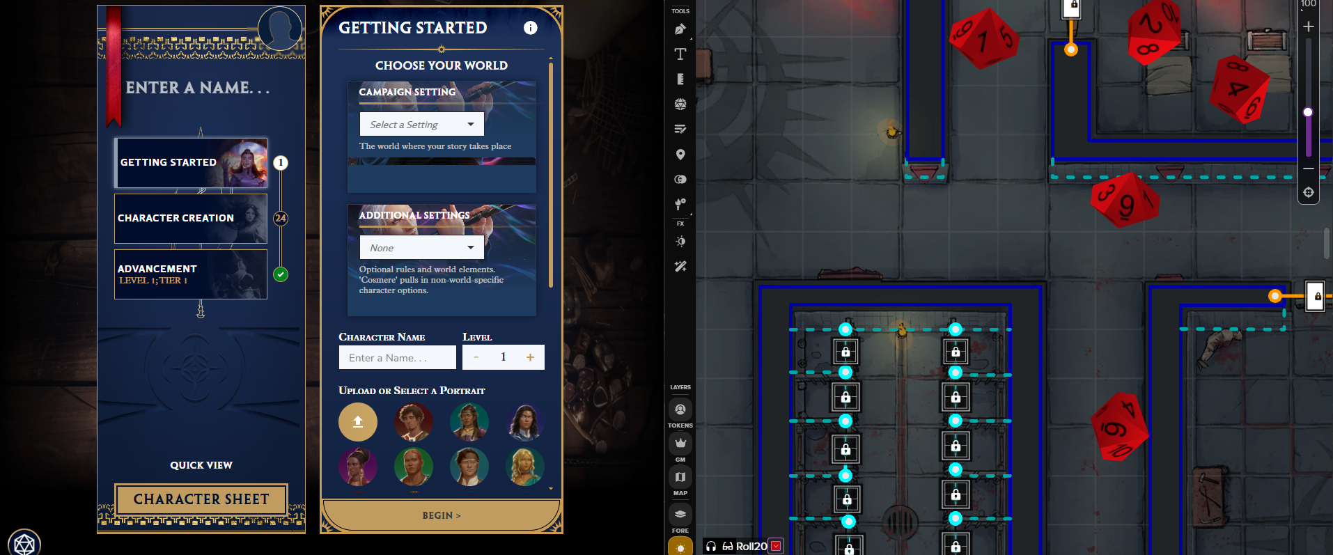 Character creation is easier than ever with Demiplane’s step-by-step character builder, pictured here alongside a Dynamically-lit map on the Roll20 VTT.