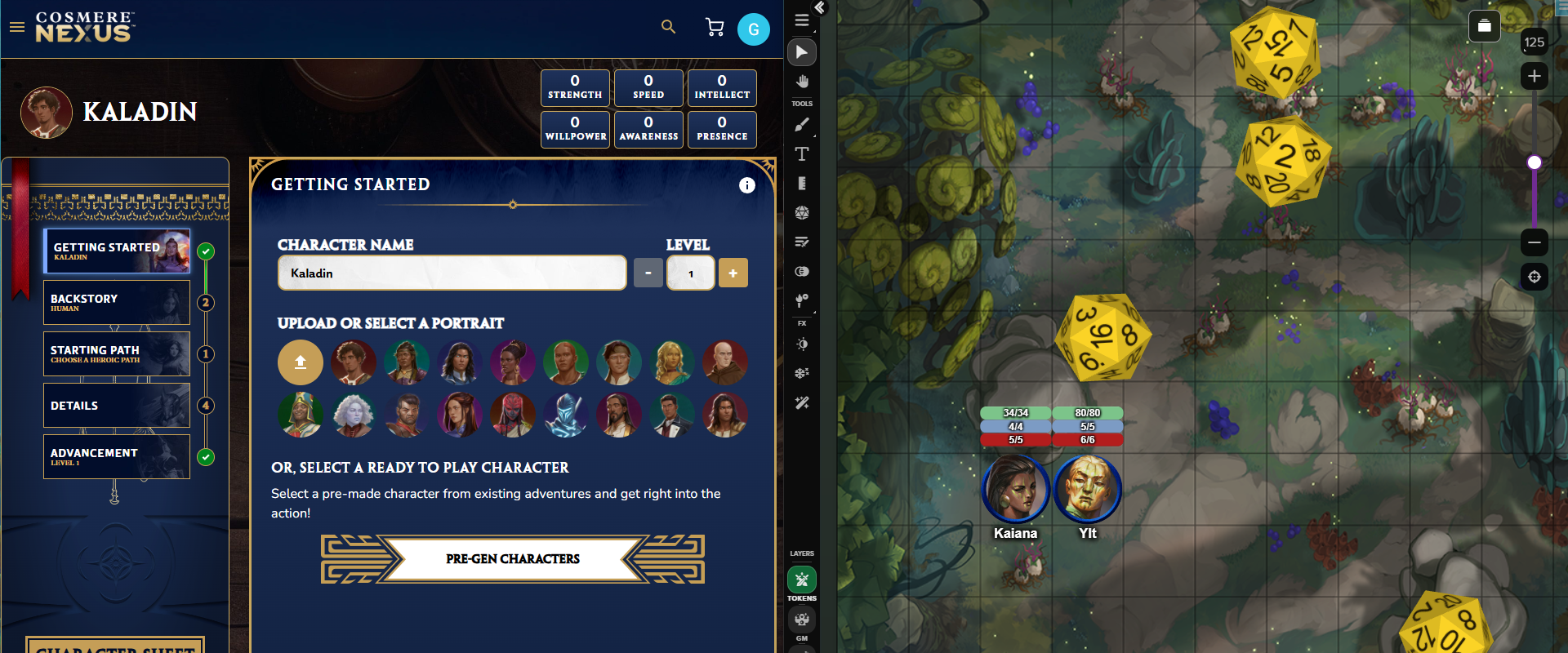 Cosmere Character Builder on Demiplane (left) alongside tokens and dice on a map from the Stonewalkers Roll20 addon (right).