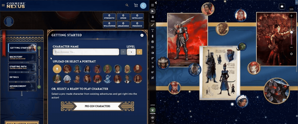 Cosmere Character Builder tools on Demiplane (left) alongside sample of tokens and portraits from the *Stormlight Handbook* Art and Token Pack displayed on the Roll20 virtual tabletop (right).