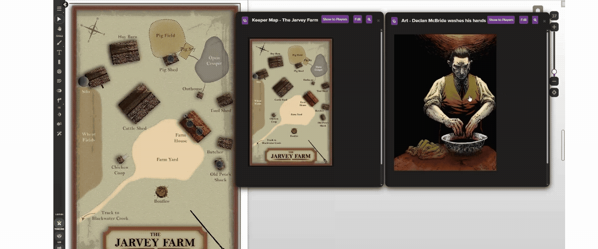 Pop out art handouts on the Roll20 VTT to see them at a larger size or share them with your Investigators!