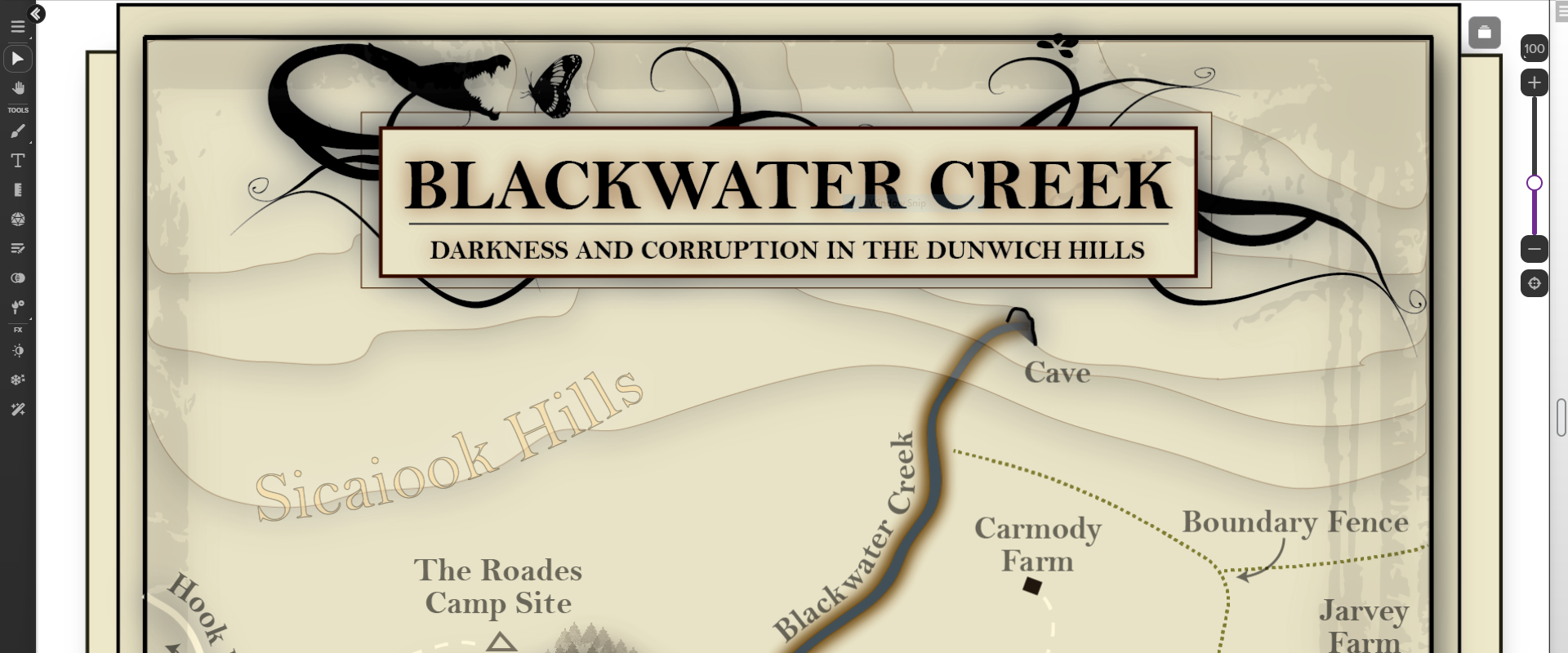 Map of Blackwater Creek on the Roll20 VTT.