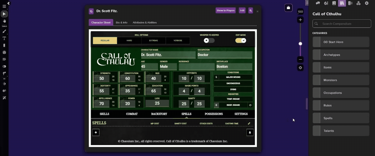 Drag-and-Drop, Items, Spells, Occupations, and more with the Roll20 Call of Cthulhu 7e character sheet!