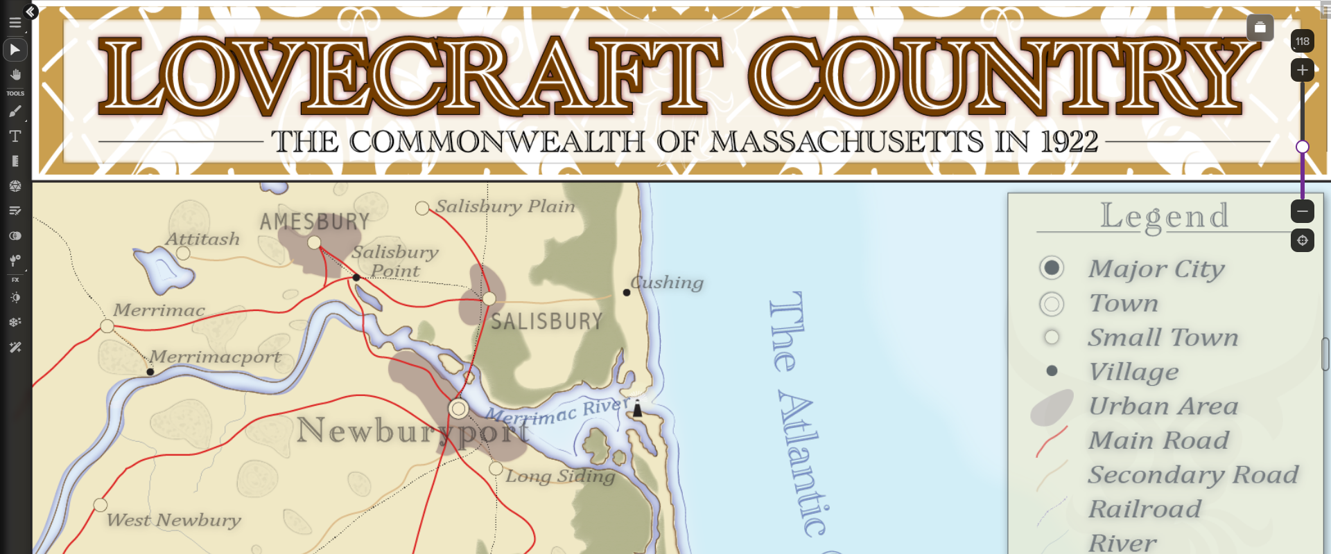 One of the full-colored maps featured in the pack is Lovecraft Country: The Commonwealth of Massachusetts in 1922.