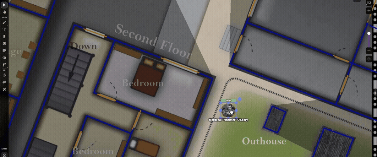 A token with sight navigates dynamically-lit obstacles on the Roll20 VTT.