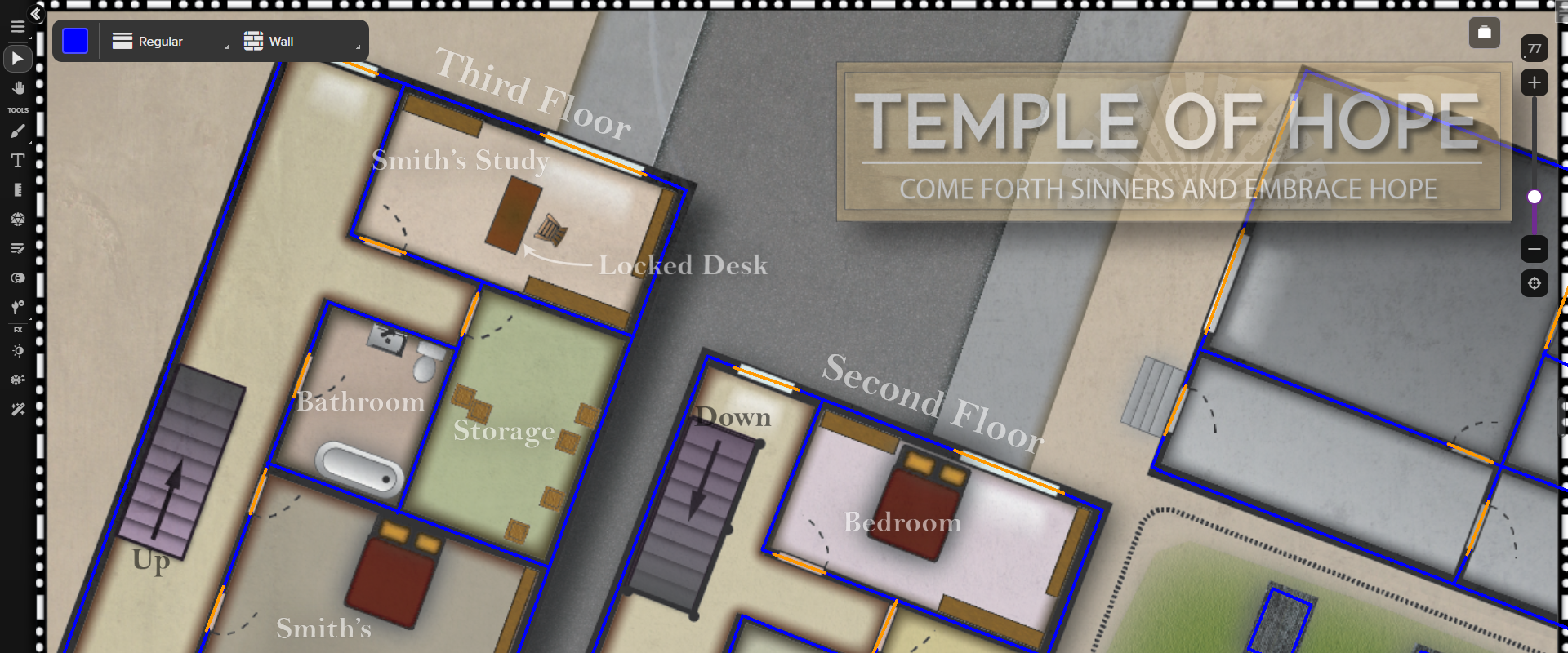 Map of the Temple of Hope lit with Dynamic Lighting on the Roll20 VTT.