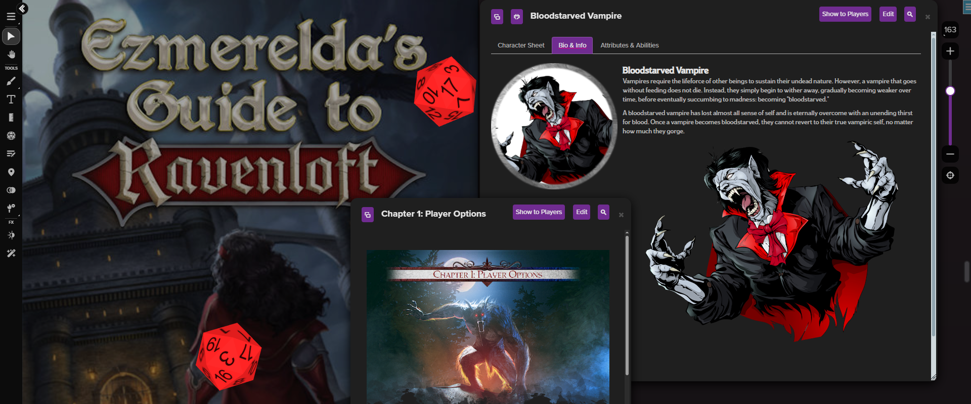 Ezmeralda’s Guide to Ravenloft Landing page, featuring a vampire character sheet, rolled dice, and adventure text handout.