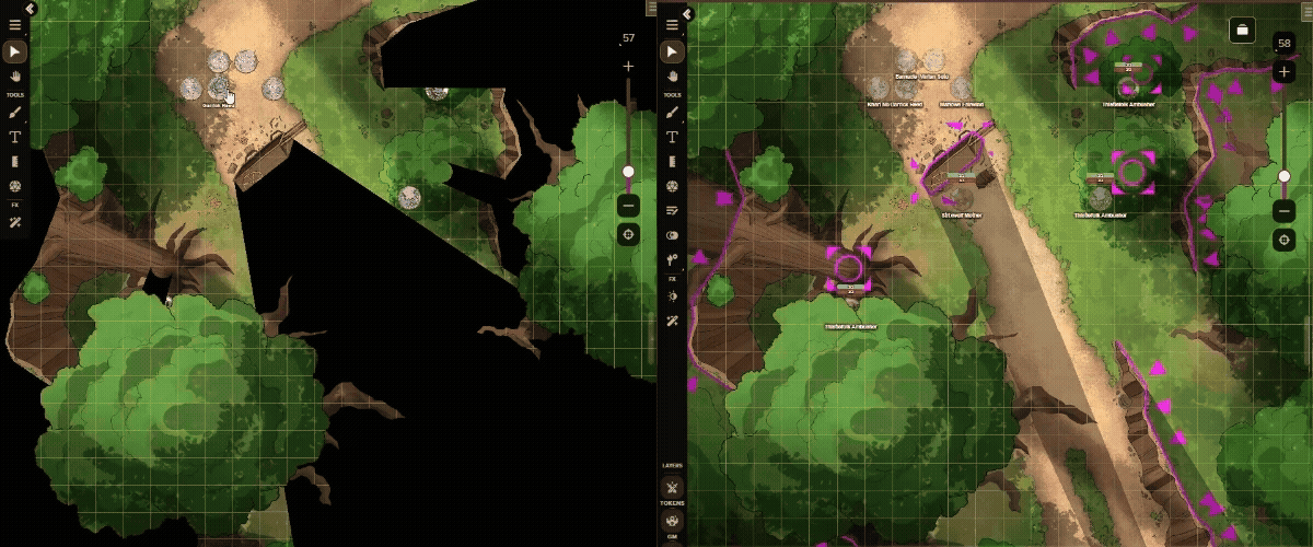 Player view (left) of dynamically-lit map with foreground layer on the Roll20 VTT alongside the GM view (right) showing dynamic-lighting lines.