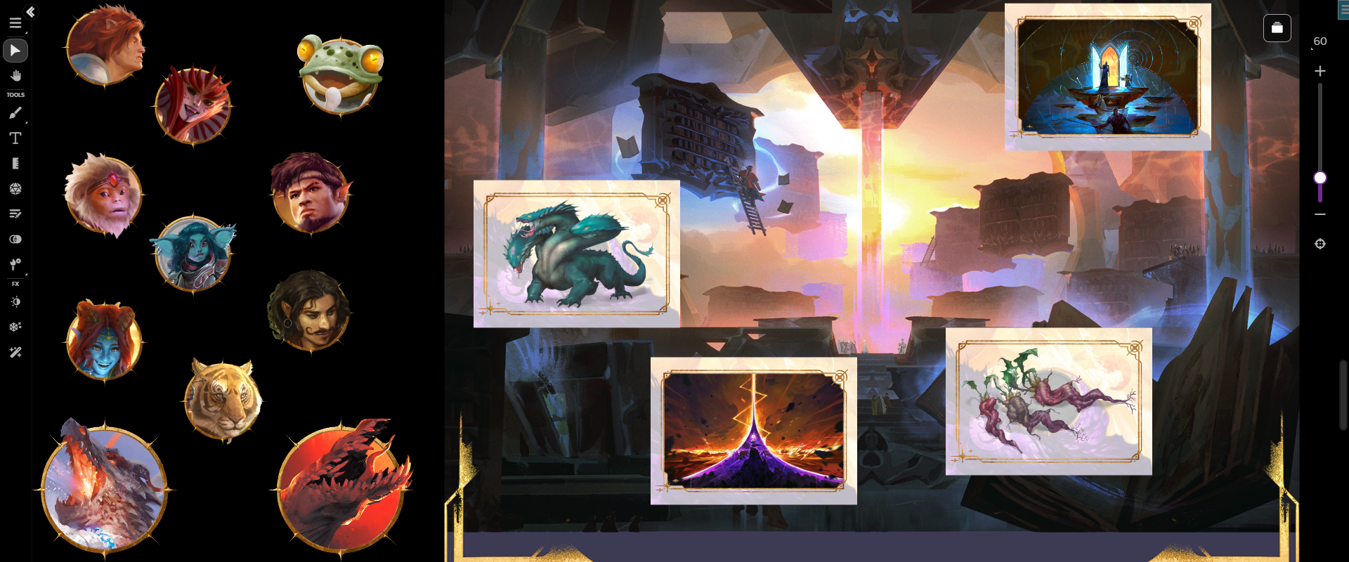 Tokens and Portraits from the Daggerheart Art Pack displayed on a Scene on the Roll20 VTT.