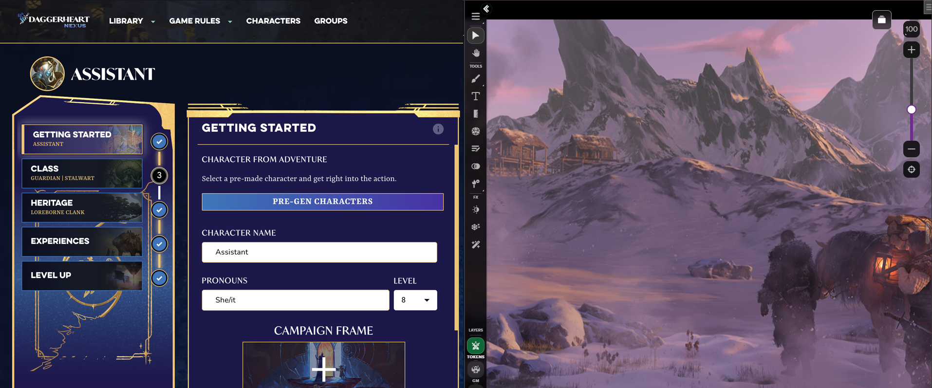 Daggerheart Character Builder tools on Demiplane (left) alongside a community Scene on the Roll20 VTT (right).