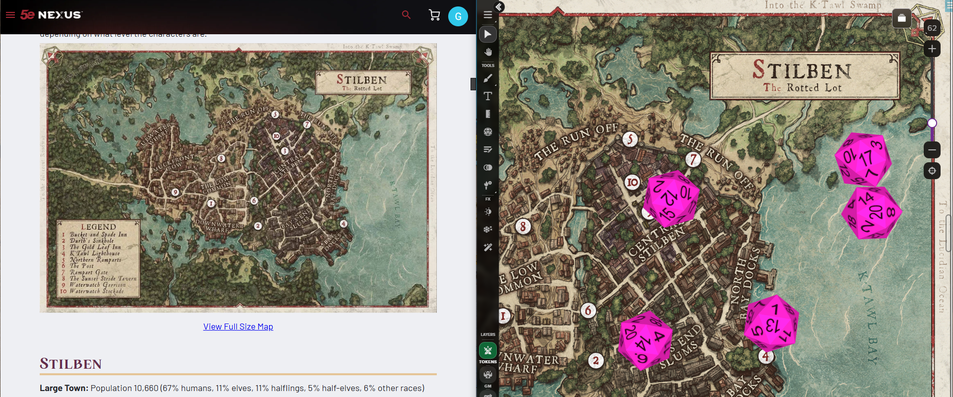 Map and accompanying description of Stilben on Demiplane (left) alongside Stilben map on the Roll20 Virtual Tabletop (right).