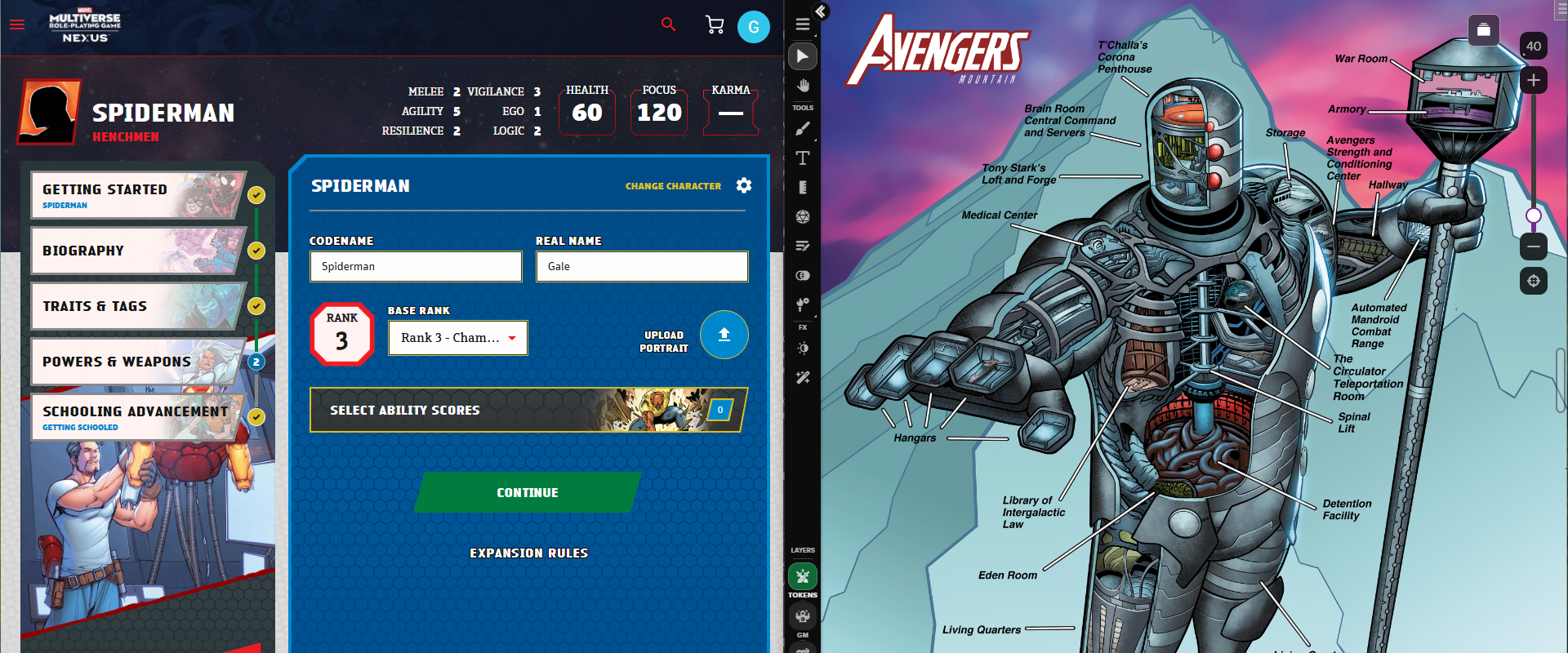 Demiplane character-building tools (left) featured alongside the Avengers Mountain Map in the Roll20 VTT (right).