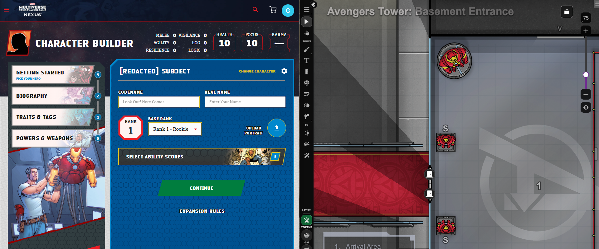 Demiplane Character-building tools (left) are integrated with sheets on the Roll20 VTT (right).