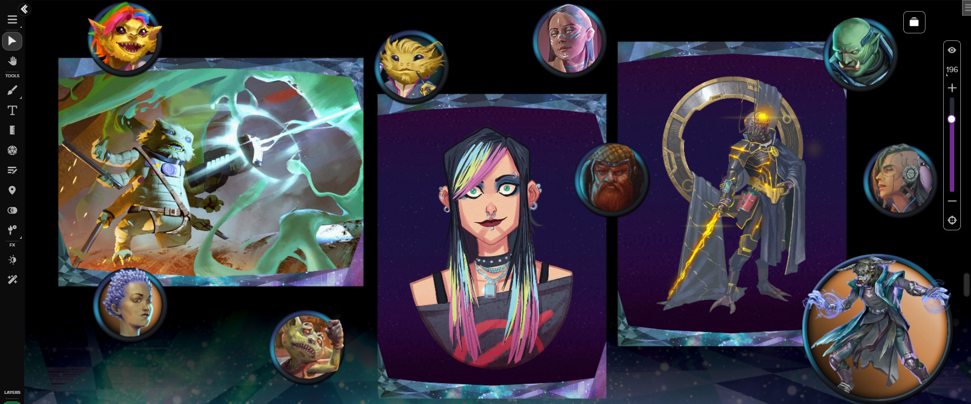 Tokens and Portraits from the *Absalom Station* Art and Token pack, displayed on the Roll20 VTT.
