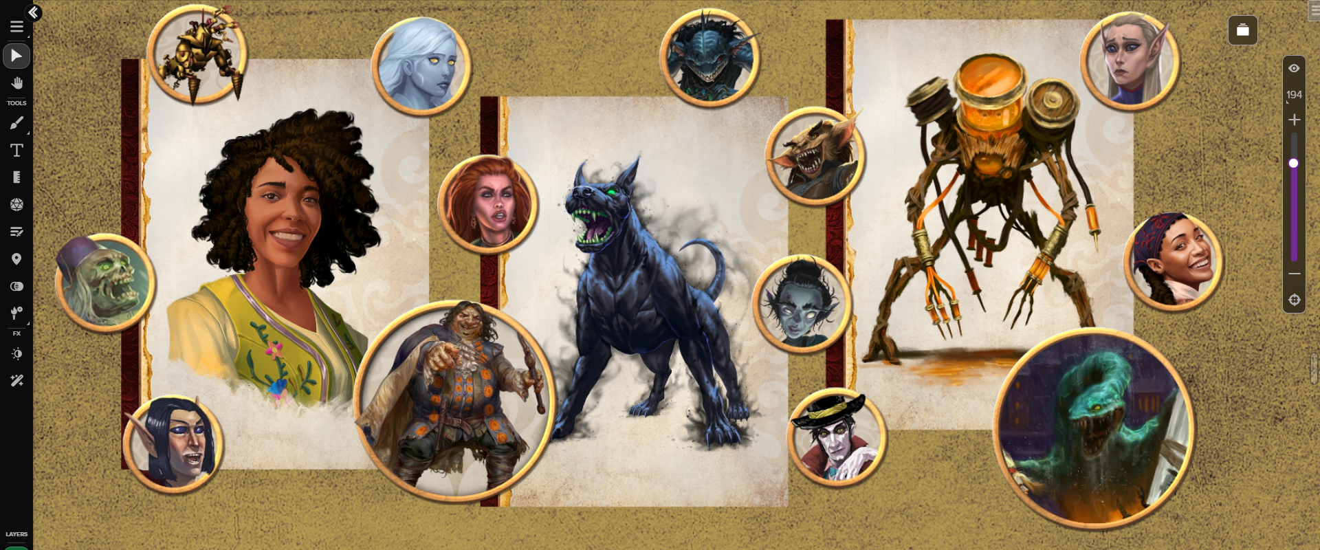 Tokens and Portraits from the Bastion of Blasphemies Art and Token Pack, displayed on the Roll20 VTT.