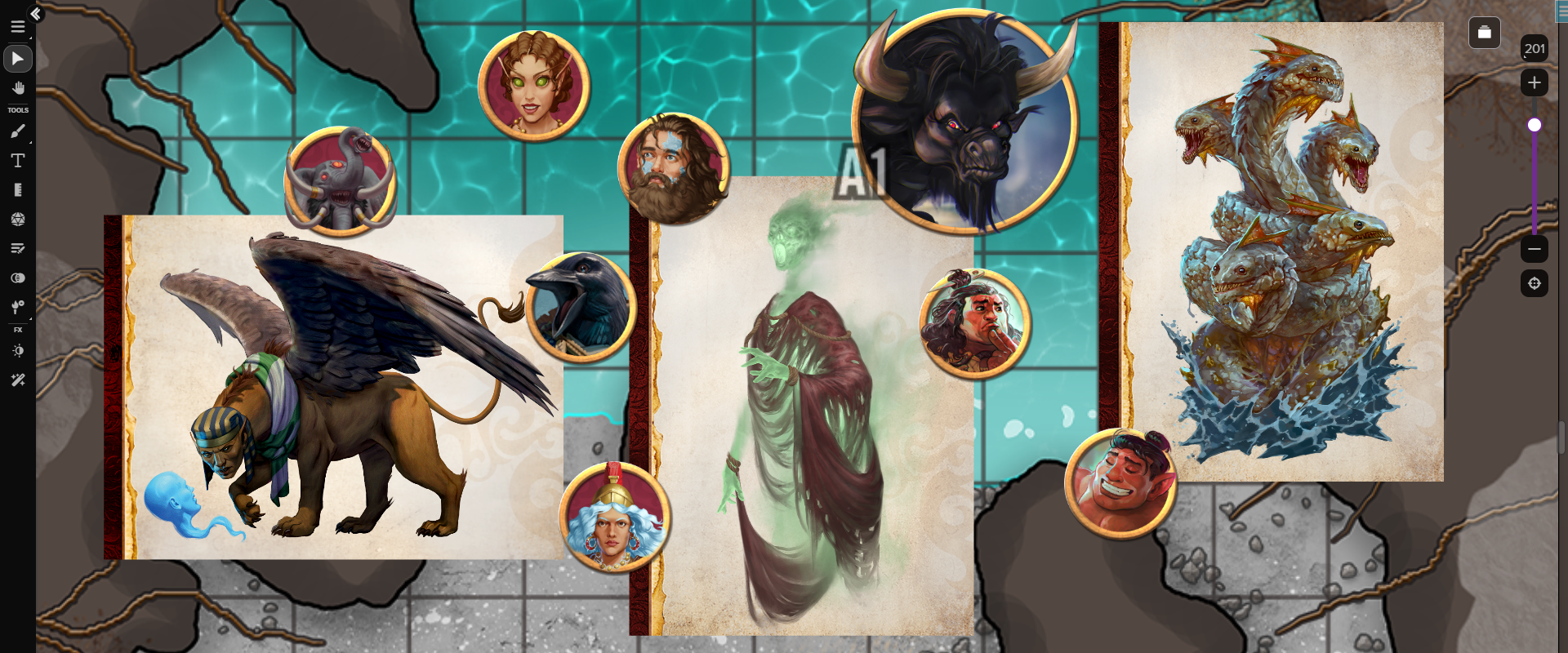 A selection of tokens and portraits from the *Death Sails a Wine-Dark Sea* Art Pack featuring mythical beings like sphinxes, minotaurs, and hydras, displayed on the Roll20 virtual Tabletop.