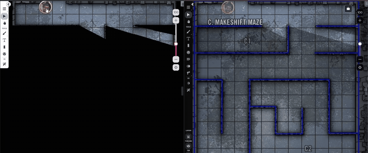 Dynamic Lighting (for Plus and Pro subscribers) brings mazes to life! On the left, the player view as Nahoa navigates the twisting tunnels. On the right, the Gamemaster view with hidden labels.