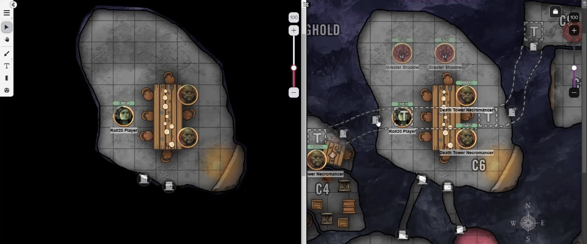 alt text: Roll20 VTT Player view of secret doors (left) controlled by Roll20 VTT GM view (right)