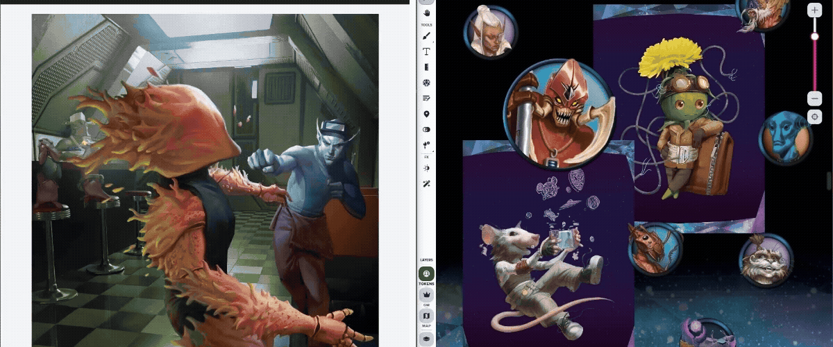 The full *Galactic Ancestries* text in the Demiplane Digital Reader Experience (left) alongside tokens from the Art Pack displayed on the Roll20 VTT (right).