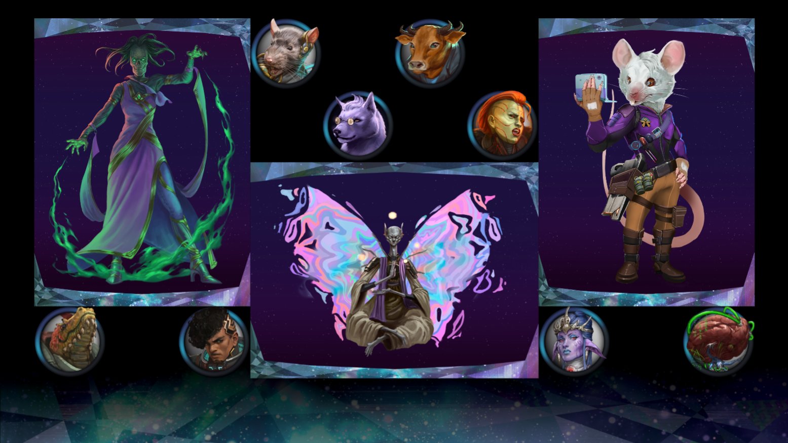 A sampling of portraits and tokens from Paizo’s Galaxy Guide displayed on the Roll20 VTT, including Starfinder 2e ancestries like the Ysoki, Vlaka, Android, Sarcesian, and Contemplative.