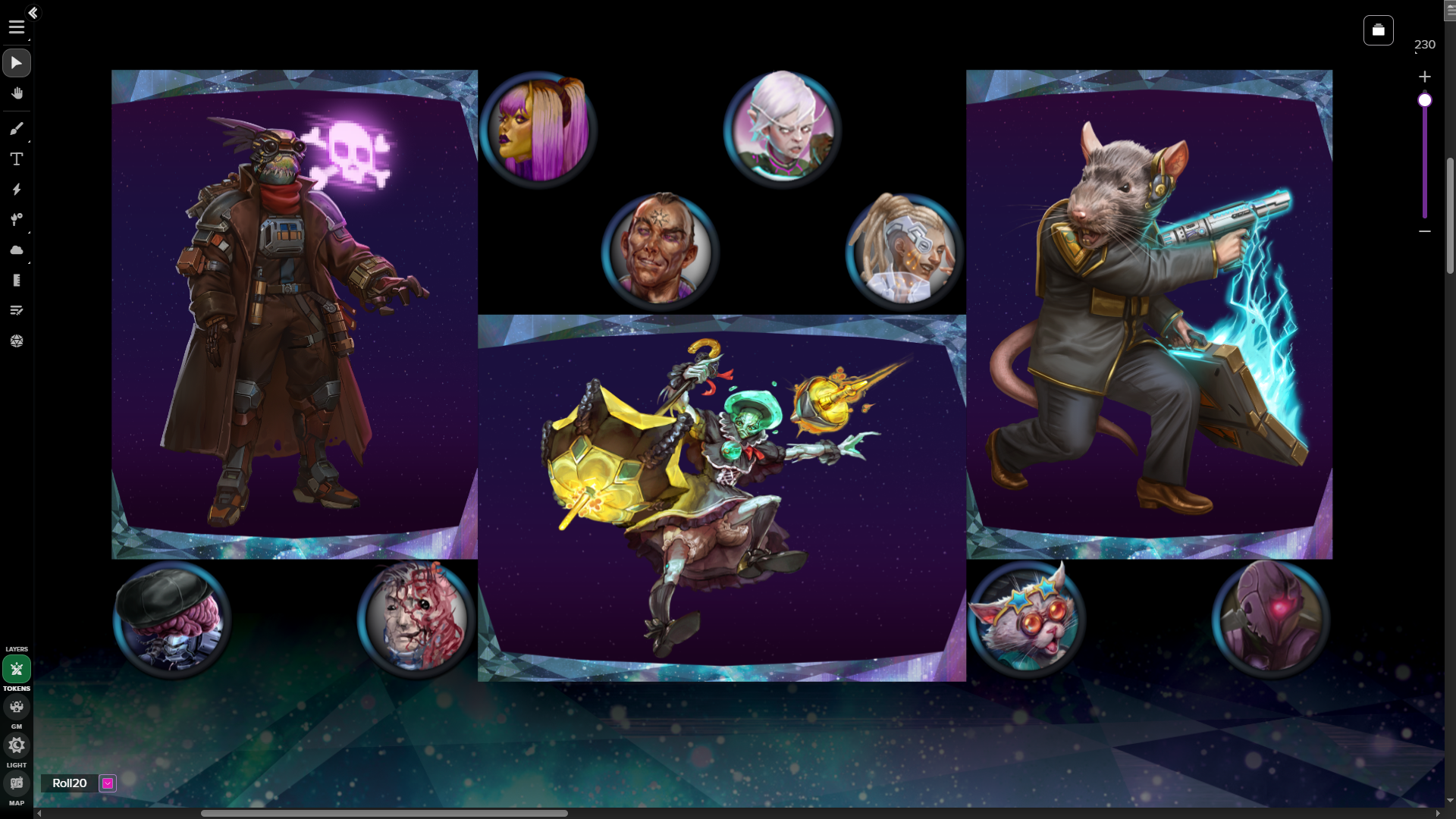 A sampling of portraits and tokens from Paizo’s Galaxy Guide displayed on the Roll20 VTT, including Starfinder 2e ancestries like the Astrozoan, Vesk, Lashunta, Pahtra, and Kalo.
