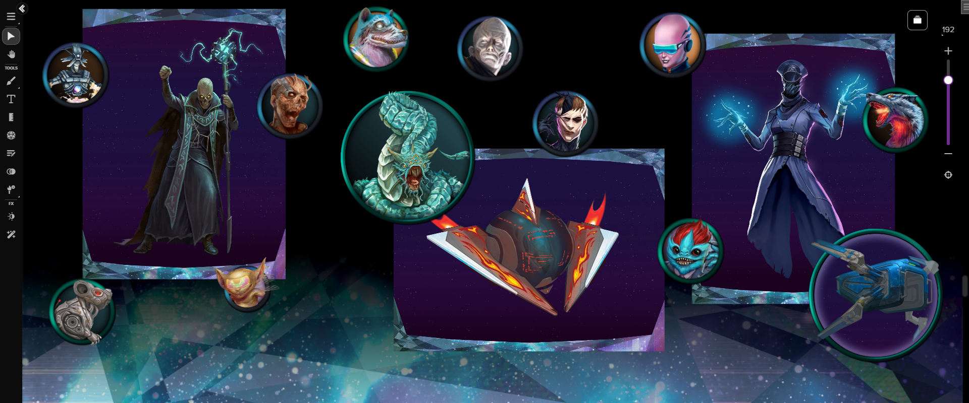 Portraits and Handouts from the Battle for Nova Rush World Art Pack, displayed on the Roll20 VTT.