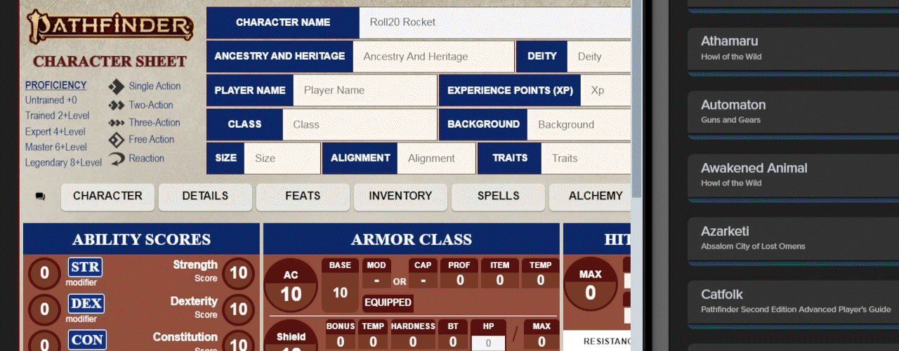 Pathfinder 2nd Edition Character Sheet on Roll20