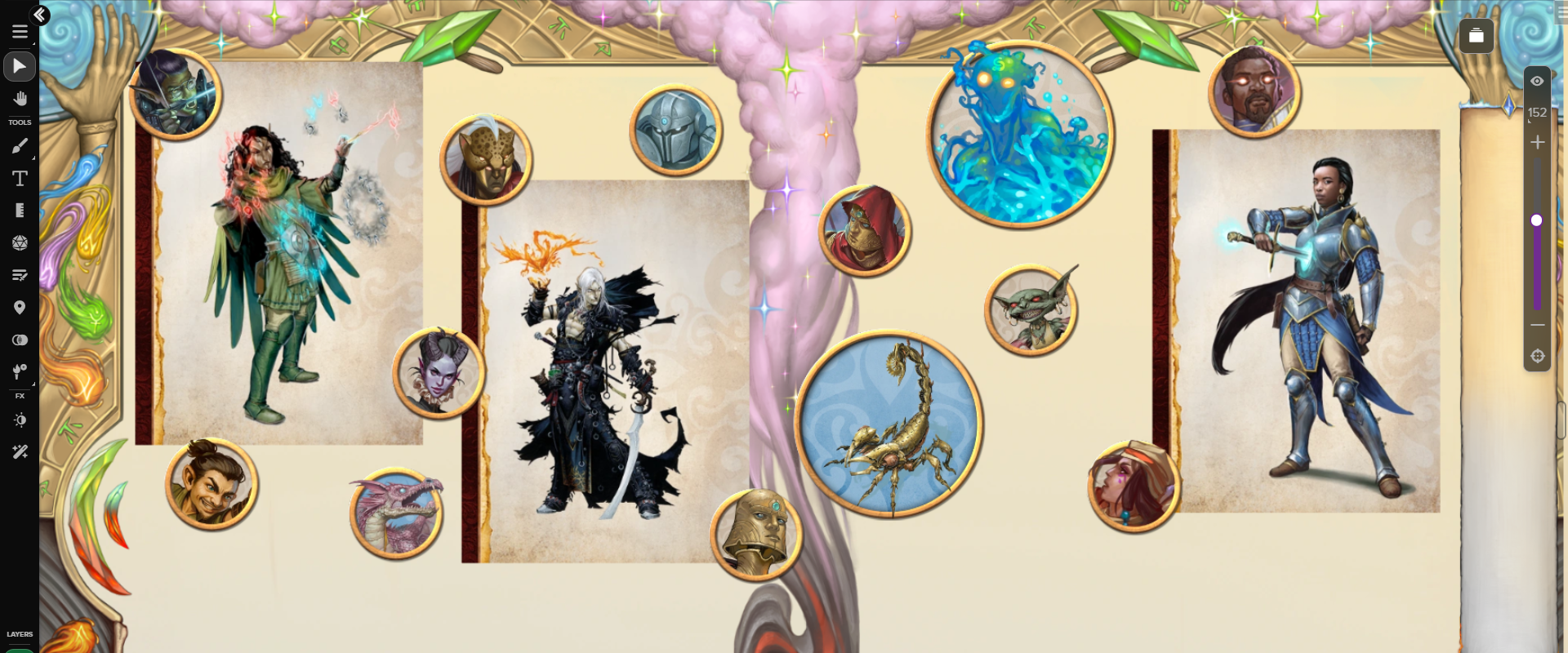 Tokens and Portraits from the *Impossible Magic* Art and Token pack, displayed on the Roll20 VTT.