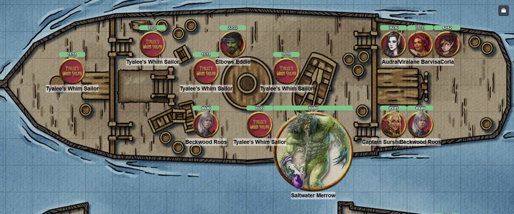 Alt Text: Various tokens aboard Tyalee’s Whim, the ship that takes the PCs adventuring on the Roll20 VTT.