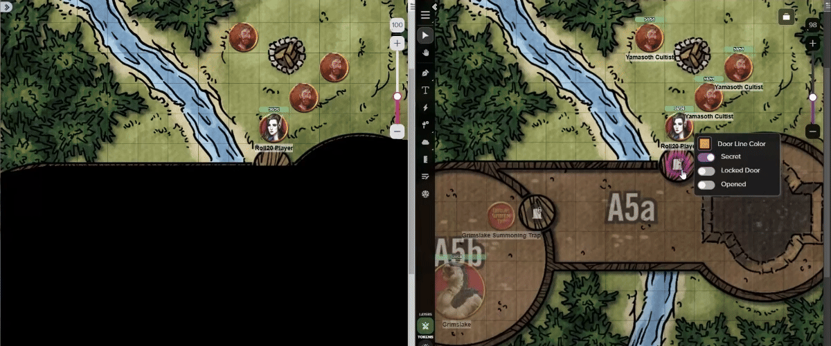 Alt Text: The player view of discovering a secret door on the Roll20 VTT (left), controlled from the GM view (right).