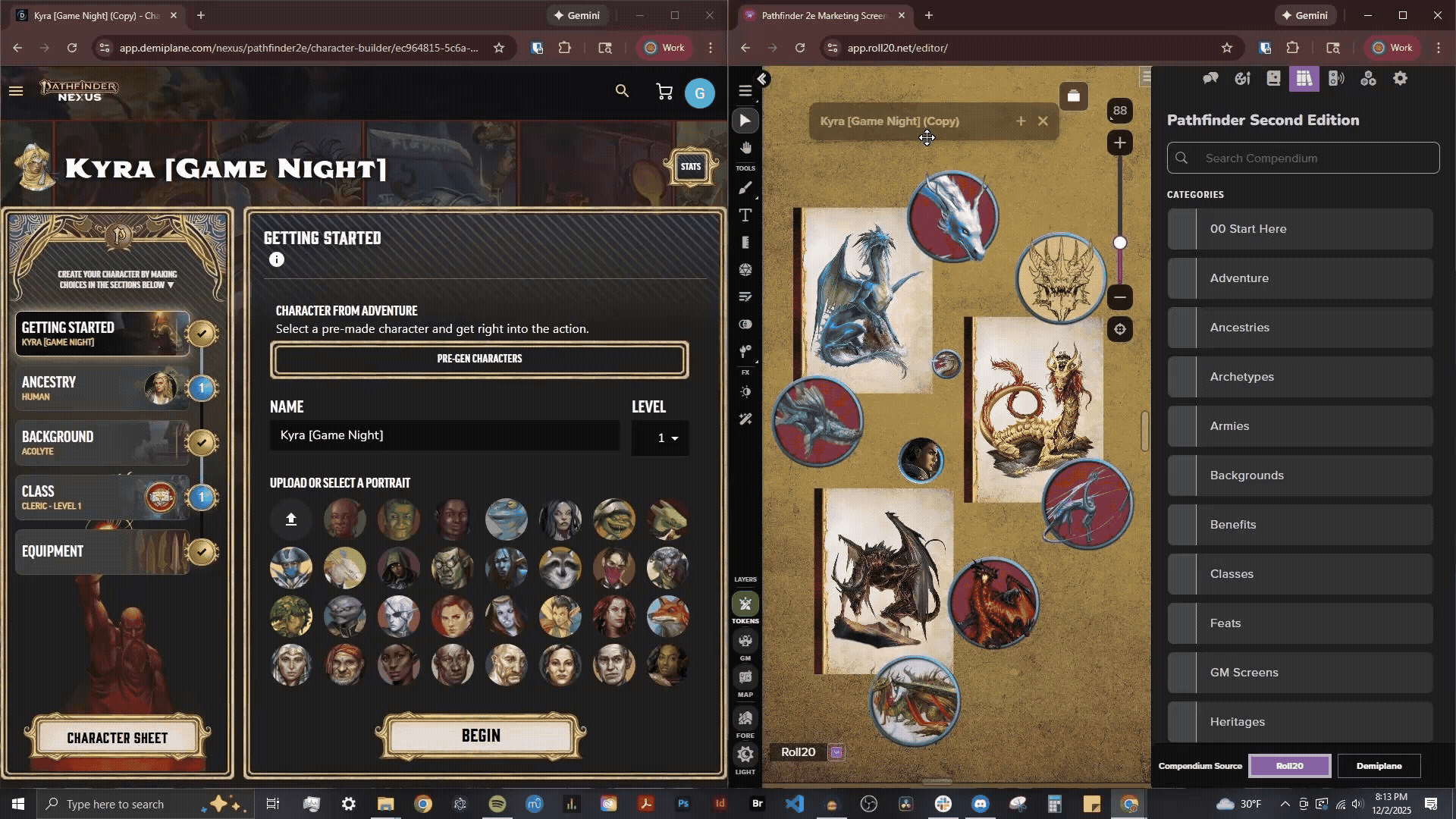 The Demiplane Character Builder (left) is an easy step-by-step guide for building character sheets, now fully integrated into the Roll20 VTT (right) and with text accessible in the Compendium!t