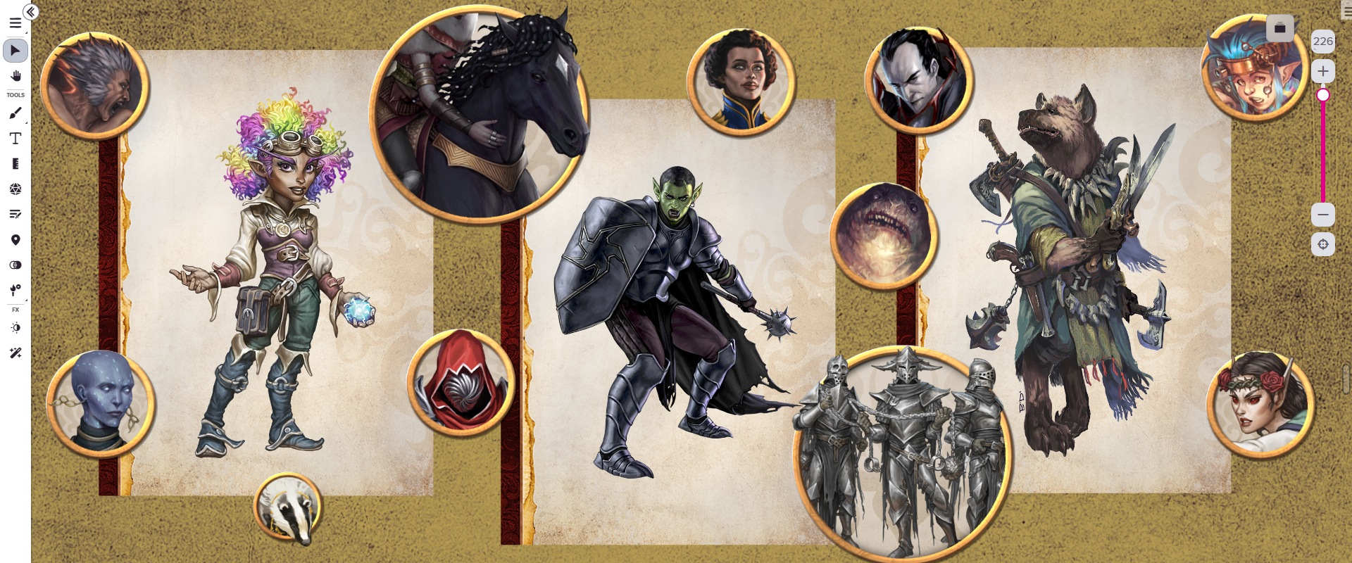 Tokens and portraits from the *Lost Omens: Hellfire Dispatches,* displayed on the Roll20 VTT.