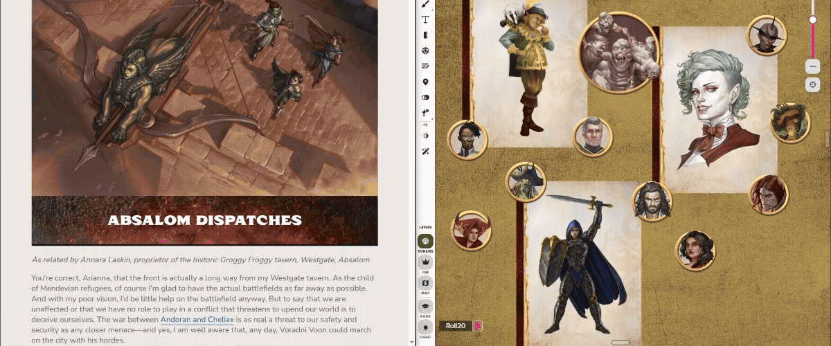 The full *Lost Omens: Hellfire Dispatches* text in the Demiplane Digital Reader Experience (left) alongside tokens from the Art Pack displayed on the Roll20 VTT (right).
