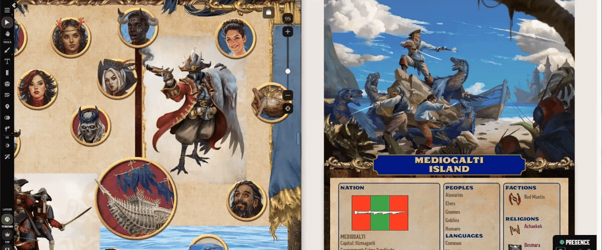 The Demiplane Character Builder (right) is an easy step-by-step guide for building character sheets, now fully integrated into the Roll20 VTT (left) and with text accessible in the Compendium!t