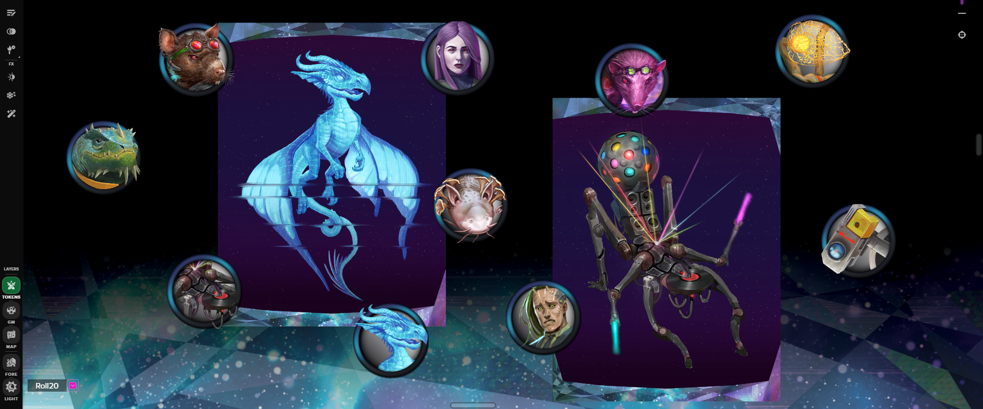 Tokens and Portraits from the Murder in Metal City Art Pack displayed on the Roll20 Virtual Tabletop, including beings like Vesk, Ysoki, Anacite, Hardlight Dragonet, Mechanizer, Shroomclaw, Lashunta, Ysoki, Khizar, and SRO.