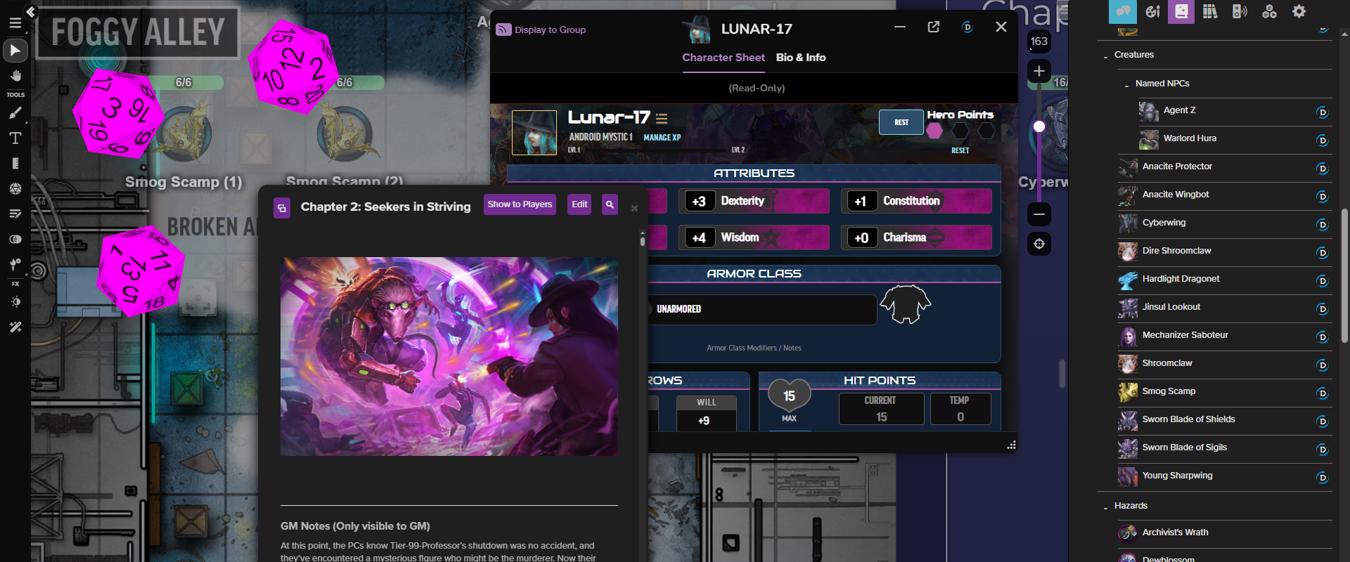 Character sheet and text handout open on the Roll20 VTT alongside a journal packed full of creatures and rolled dice on the map of a Foggy Alley.
