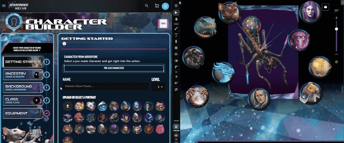 Demiplane Character-building tools (left) alongside tokens from the art pack displayed on the Roll20 VTT (right).