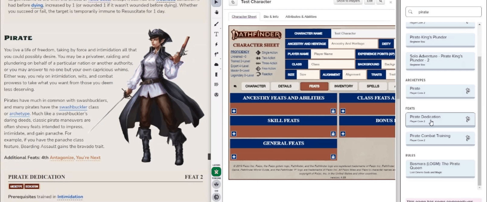 Demiplane Pirate Archetype (left) with the pirate dedication dragged into a Pathfinder Second Edition sheet on the Roll20 VTT (right)