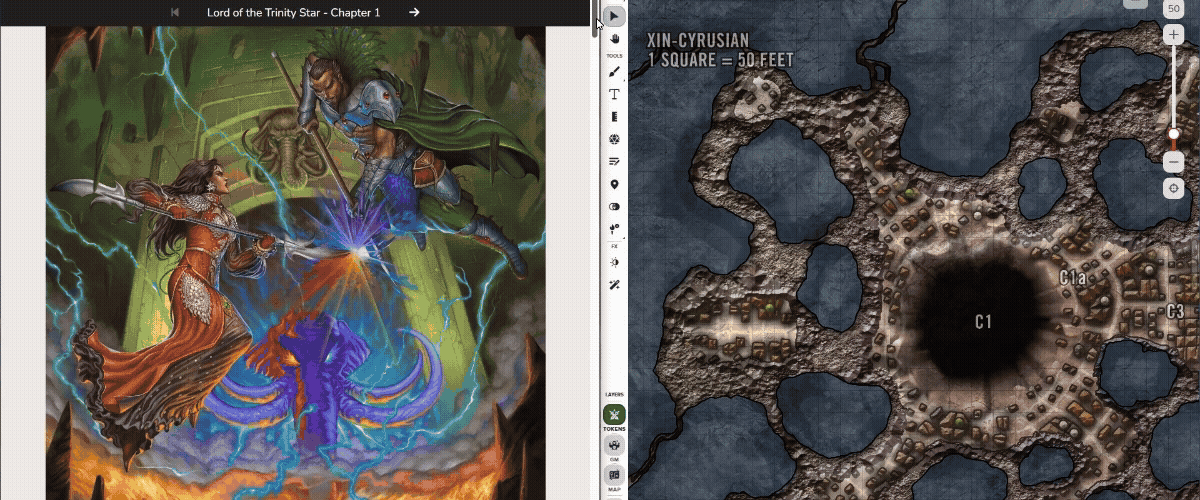 The Demiplane Digital Reader experience (left) alongside the Roll20 VTT Companion displaying a map from the adventure (right).