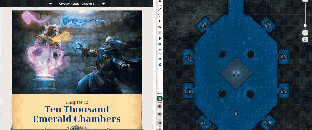 The Demiplane Digital Reader experience (left) alongside the Roll20 VTT Companion displaying a map from the adventure (right).