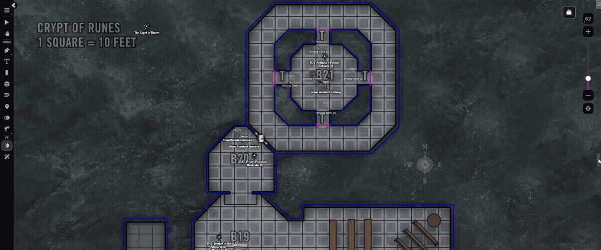 All of the maps in Crypt of Runes are fully set up with dynamic lighting (for Plus and Pro subscribers), tokens linked to creature character sheets, and map pins that allow for quick access to an area’s relevant text!