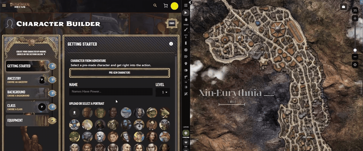 The Demiplane Character Builder (left) alongside the Roll20 VTT Companion displaying a map from the adventure (right).
