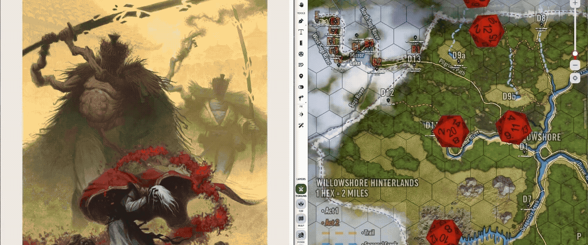 The Season of Ghosts Demiplane Digital Reader Experience (left) alongside dice rolled across a map on the Roll20 VTT (right).<br/>
