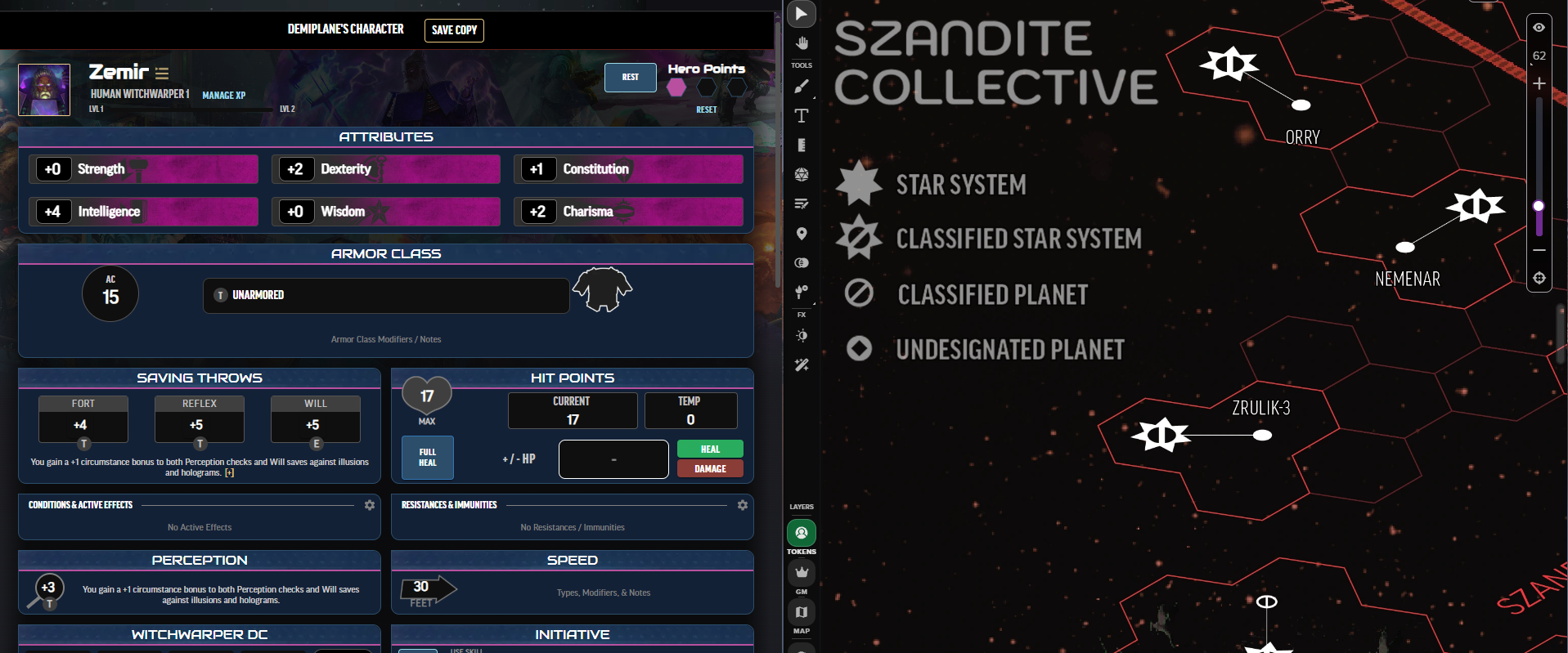 Use a ready-to-play character or create your own using Demiplane’s powerful character-builder, shown here alongside a starmap from the *Secrets of the Swarm* Addon on the Roll20 VTT.
