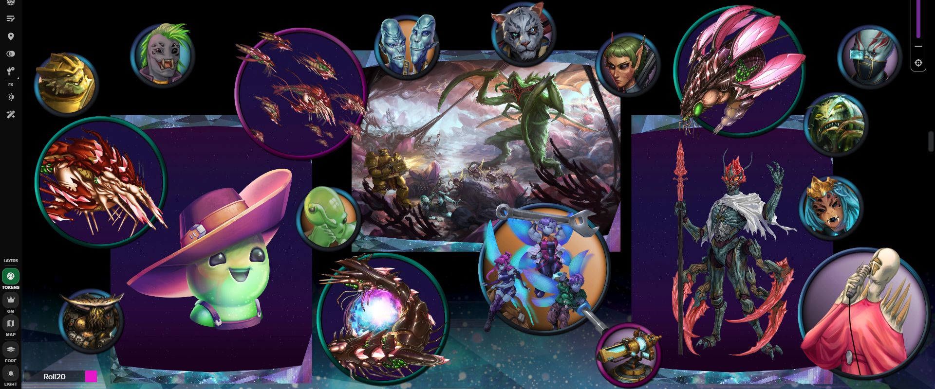 Tokens and Portraits from the *Secrets of the Swarm* Art pack, displayed on the Roll20 VTT.