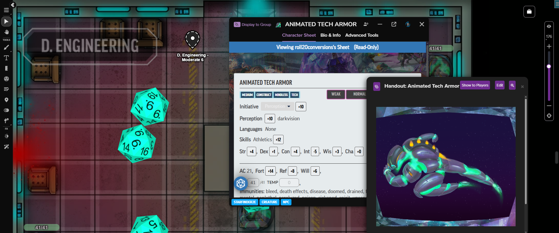 Jump right into playing with everything you need already set up on the VTT! Use map pins to navigate to area text, pop open statblocks linked to hidden tokens, and share art with your players.