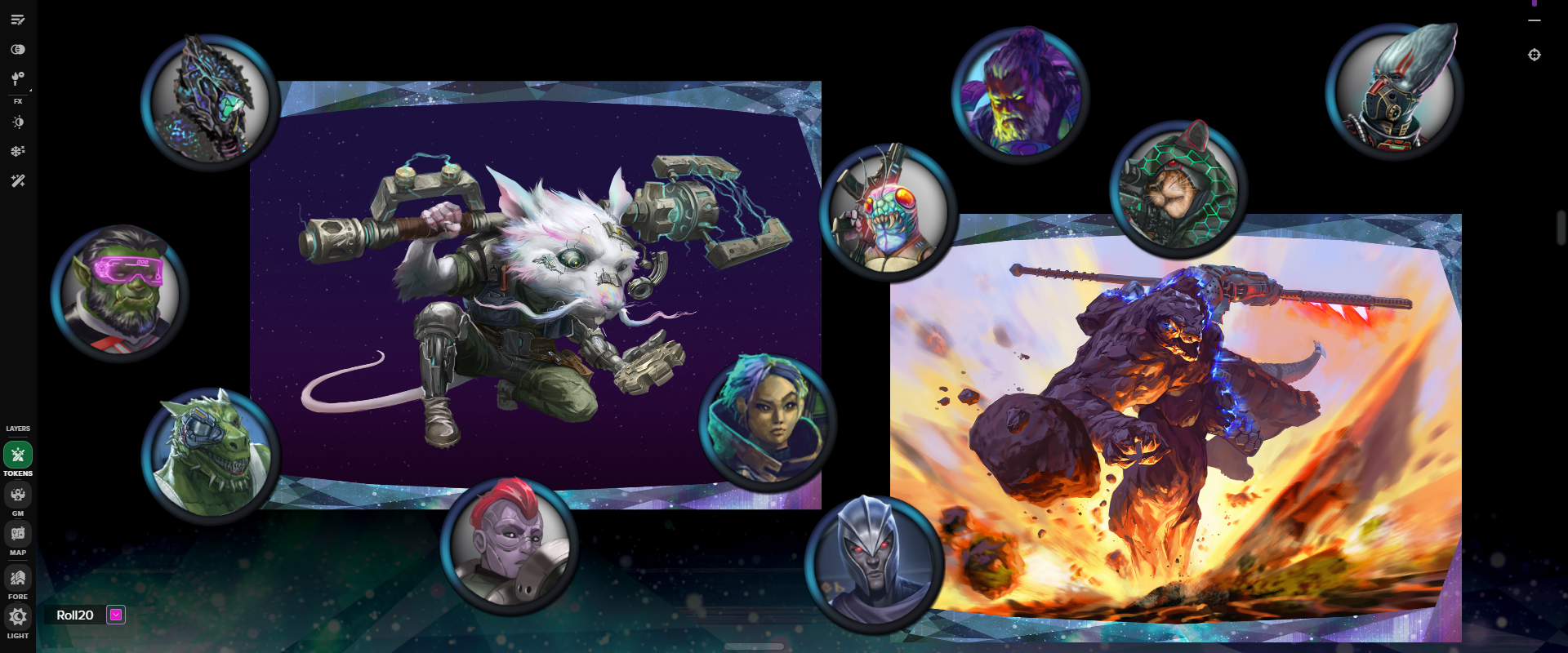 Portraits and Tokens from the Starfinder 2e Player Core Art pack displayed on the Roll20 Virtual Tabletop, including ancestries such as Human, Orc, Ysoki, Vesk, Shirren, Pahtra, Android, and Kasatha.