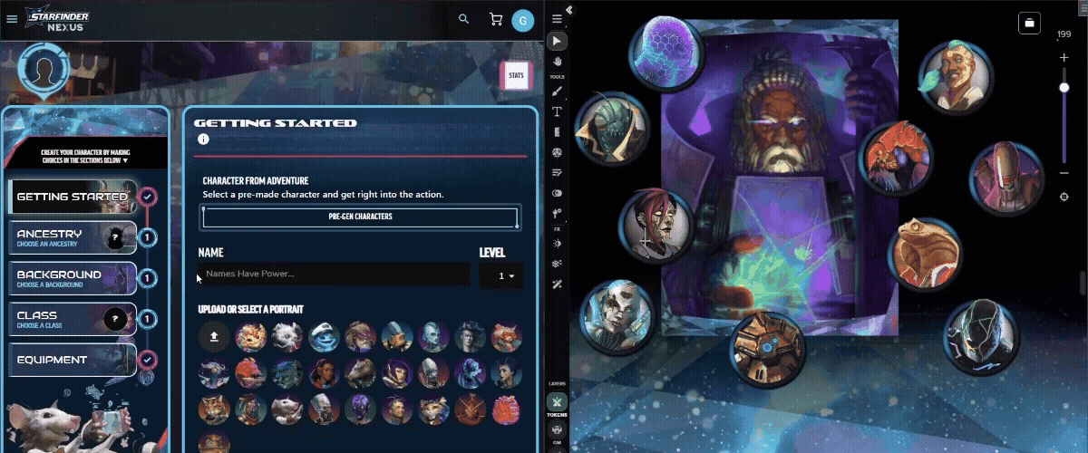 Demiplane Character-building tools (left) alongside tokens from the art pack displayed on the Roll20 VTT (right).
