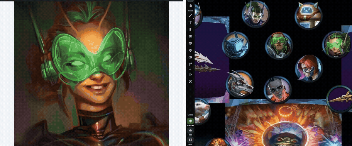 Access the fully tool-tipped text of *Tech Core* by purchasing it on Demiplane! Shown here alongside tokens and portraits from the *Tech Core* Art Pack displayed on the Roll20 VTT.